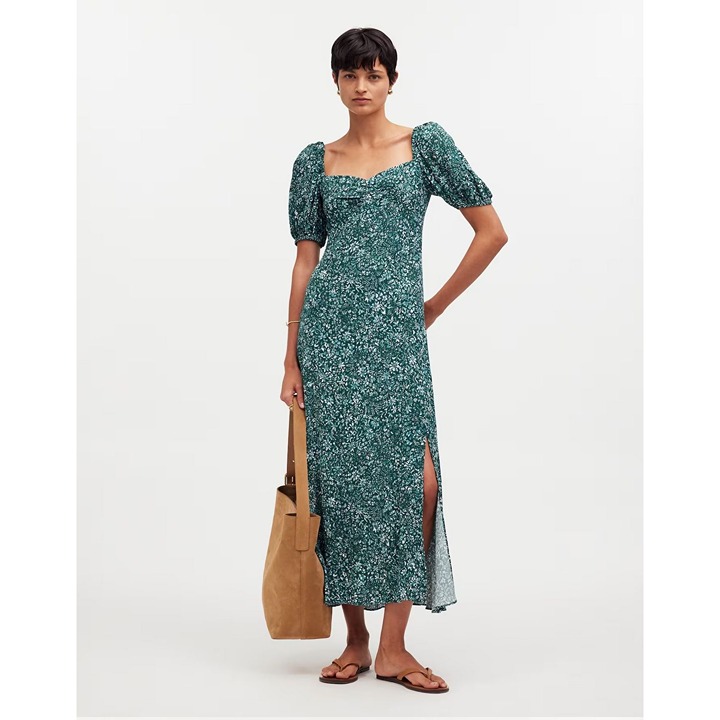 Madewell Puff-Sleeve Sweetheart Midi Dress Green Ditsy Floral Women's Size 6 NWT