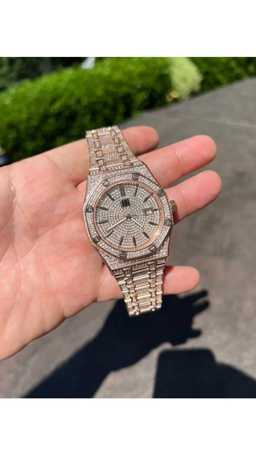 MOISSANITE Watch Rose Gold Plated Stainless Steel Men’s Automatic Skeleton Iced