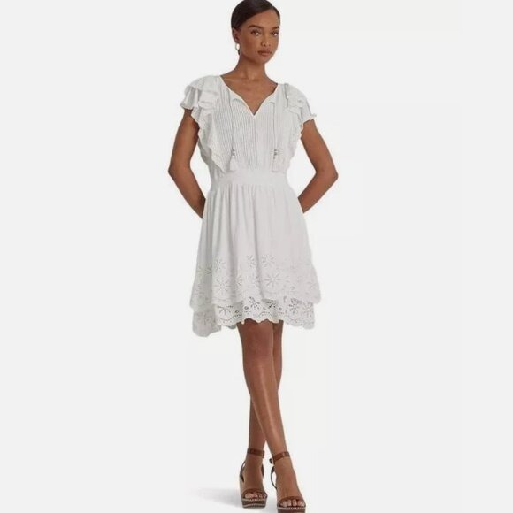 NWT 185 Lauren Ralph Lauren Women's Eyelet-Embroidered Jersey Tie-Neck Dress 12