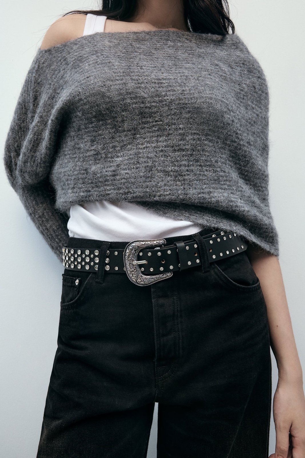 New Zara Rhinestone Black 100% Leather Belt Size 30 1736/216