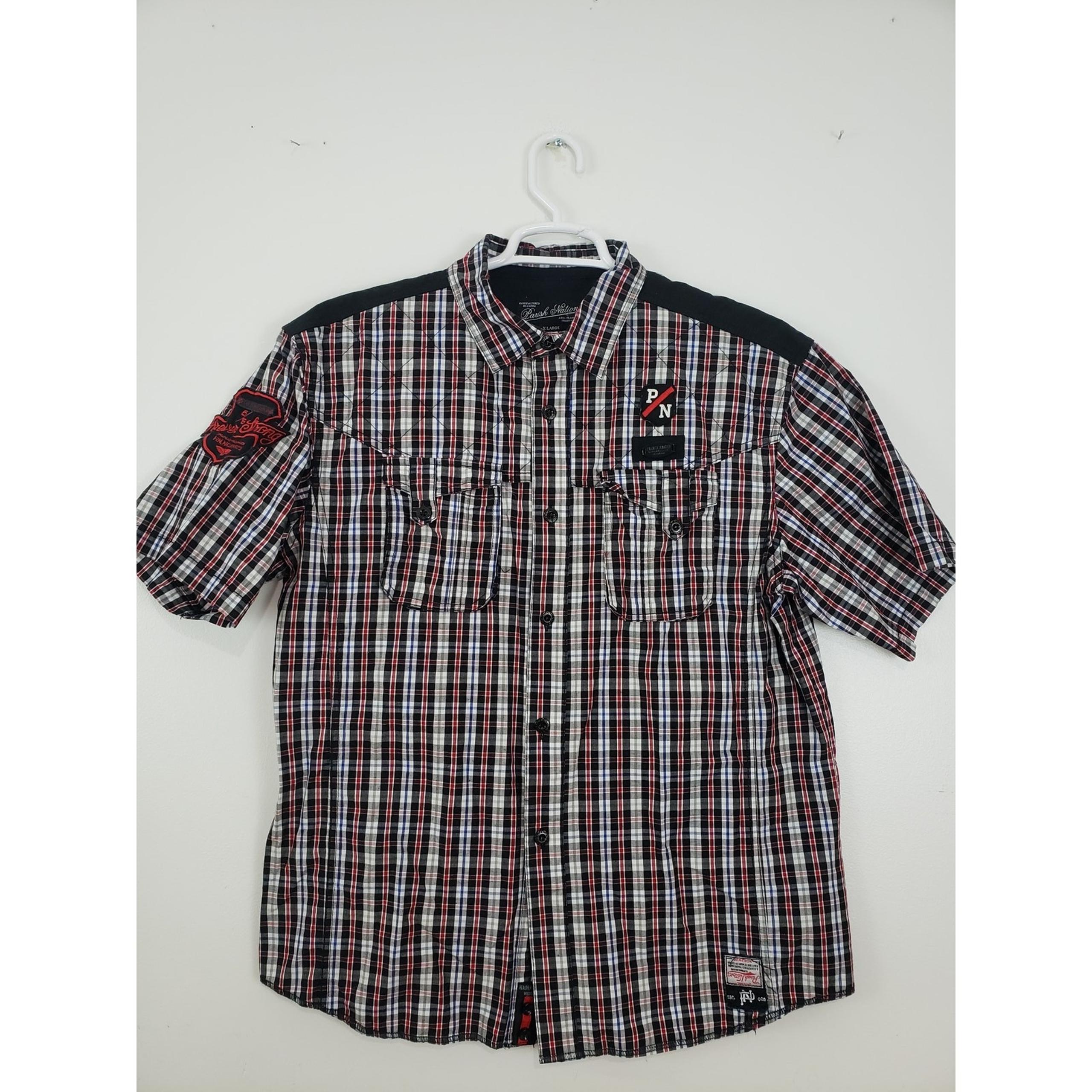 (Ma) Y2K Parish Nation Mens Shirt Size XL Short Sleeve Patch Plaid Embroidered