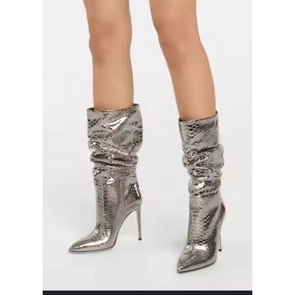 Paris Texas Women's Silver Python-Effect Stiletto Boots Size 8