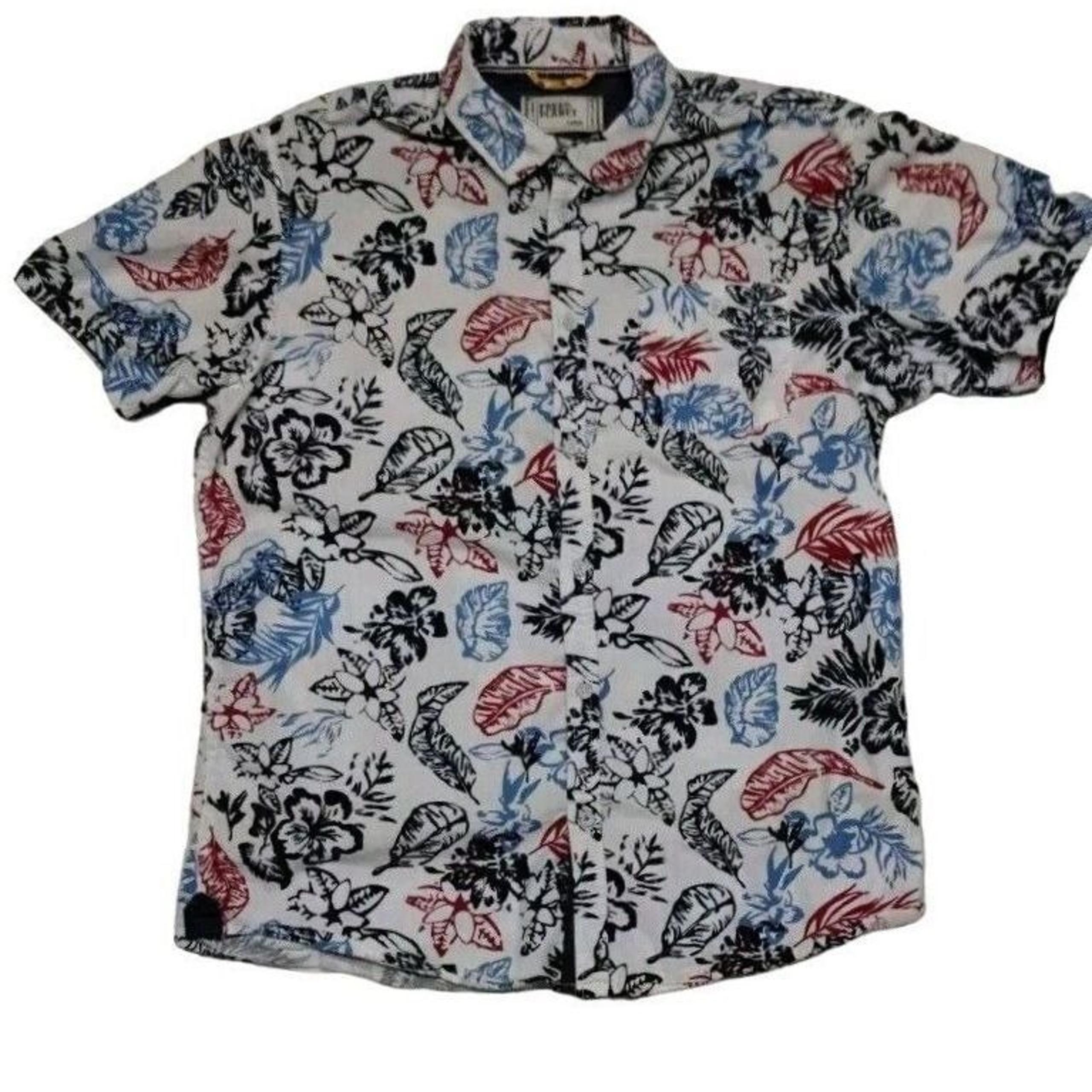 Free Planet Floral Print Button Up Short Sleeve Casual Shirt Large