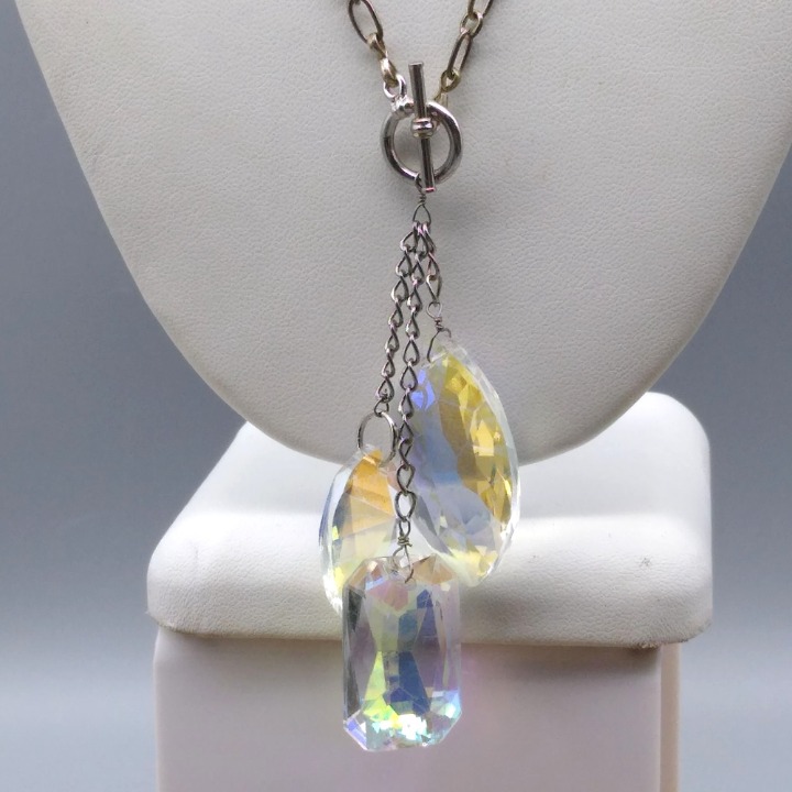 Faceted Crystal Triple Pendant Necklace, Silver Tone Vintage Chain Links