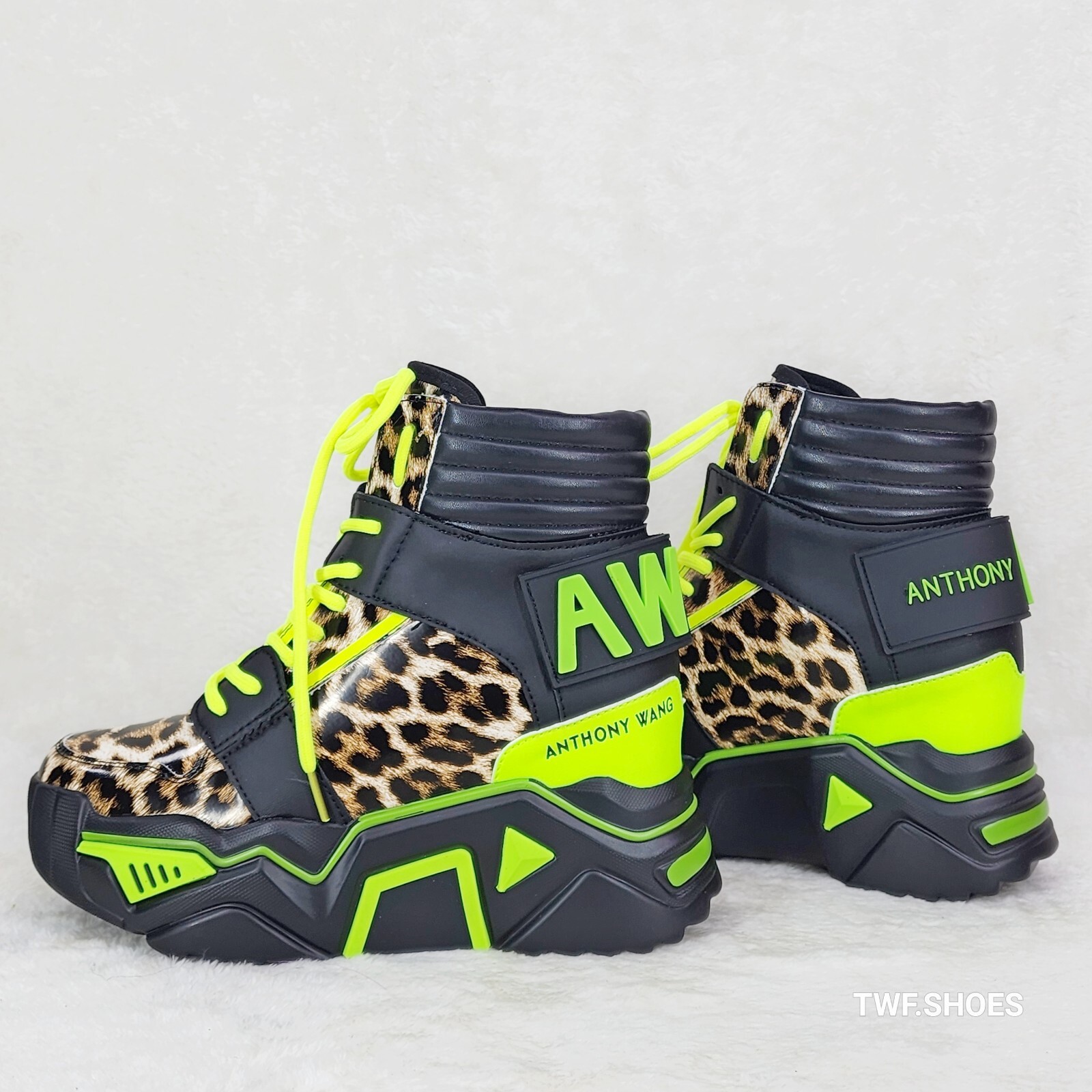 6.5 Wang Damson Lime Leopard Platform Hi-Top Sneaker Boots Hidden Wedge