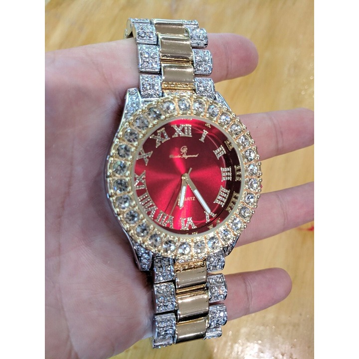 Gold Silver Iced Watch Bling Rapper Simulate Diamond Metal Band Luxury Cubic RED