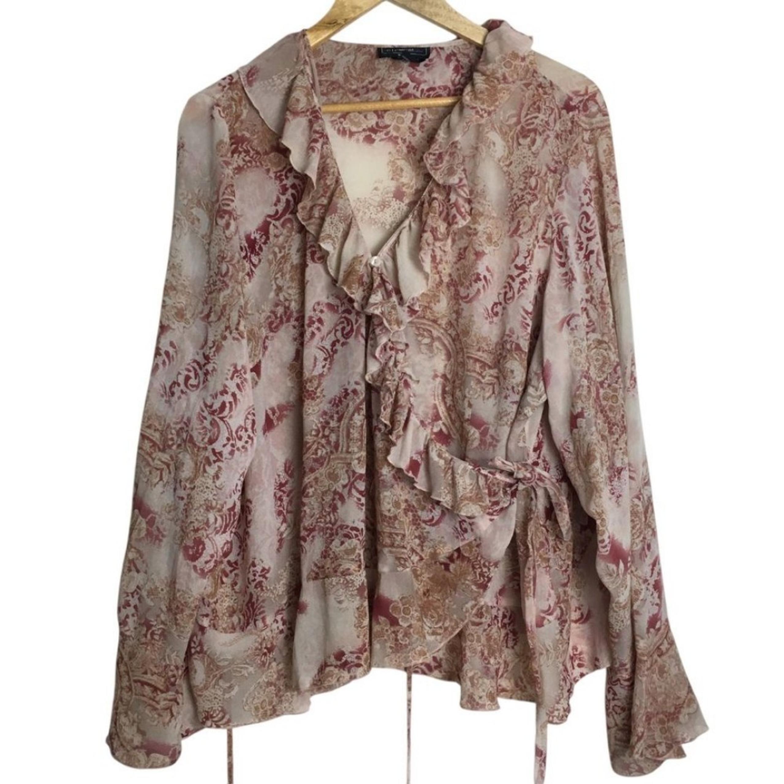 Elementz Womens Wrap Top Blouse 2X Floral Paisley Ruffle Sheer Artsy