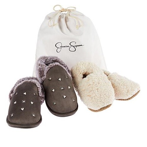 Jessica Simpson Embellished Slipper with Cozy Sock & Gift Bag - Gray, Medium 7-8