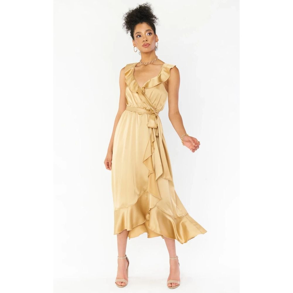 Show Me Your MuMu Womens Samantha Ruffle Wrap Dress True Gold Luxe Satin Medium