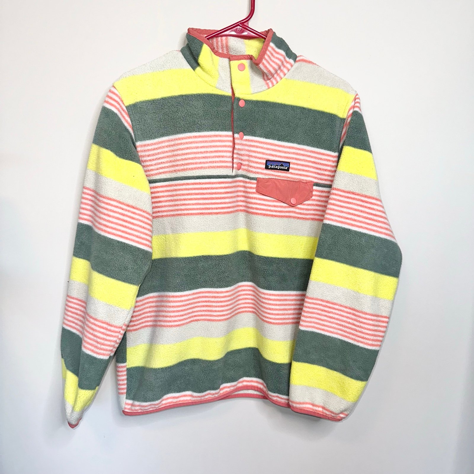 Patagonia Candy Stripes Synchilla T Snap Fleece Striped Pocket Pullover!