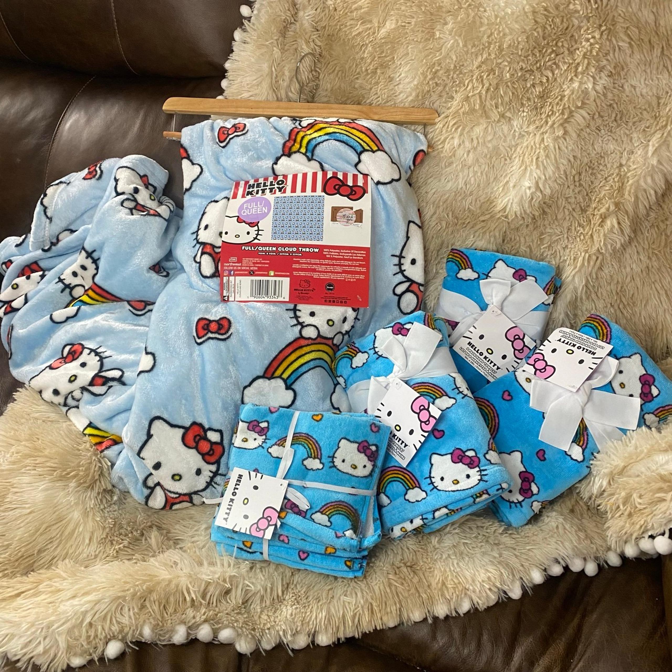 Hello Kitty Plush Queen Blanket Throw Hand, Towels and Washcloths Rainbow Hearts