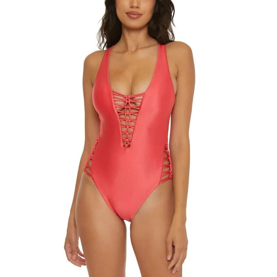 Becca Women's Cross-Back Sheen Plunging Neckline One-Piece Swimsuit Coral L