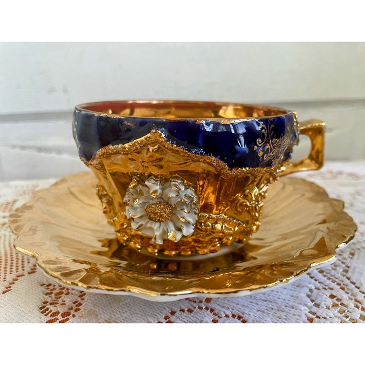 Antique German Porcelain Teacup Saucer Heavy Gold Cobalt Blue 3D Flower