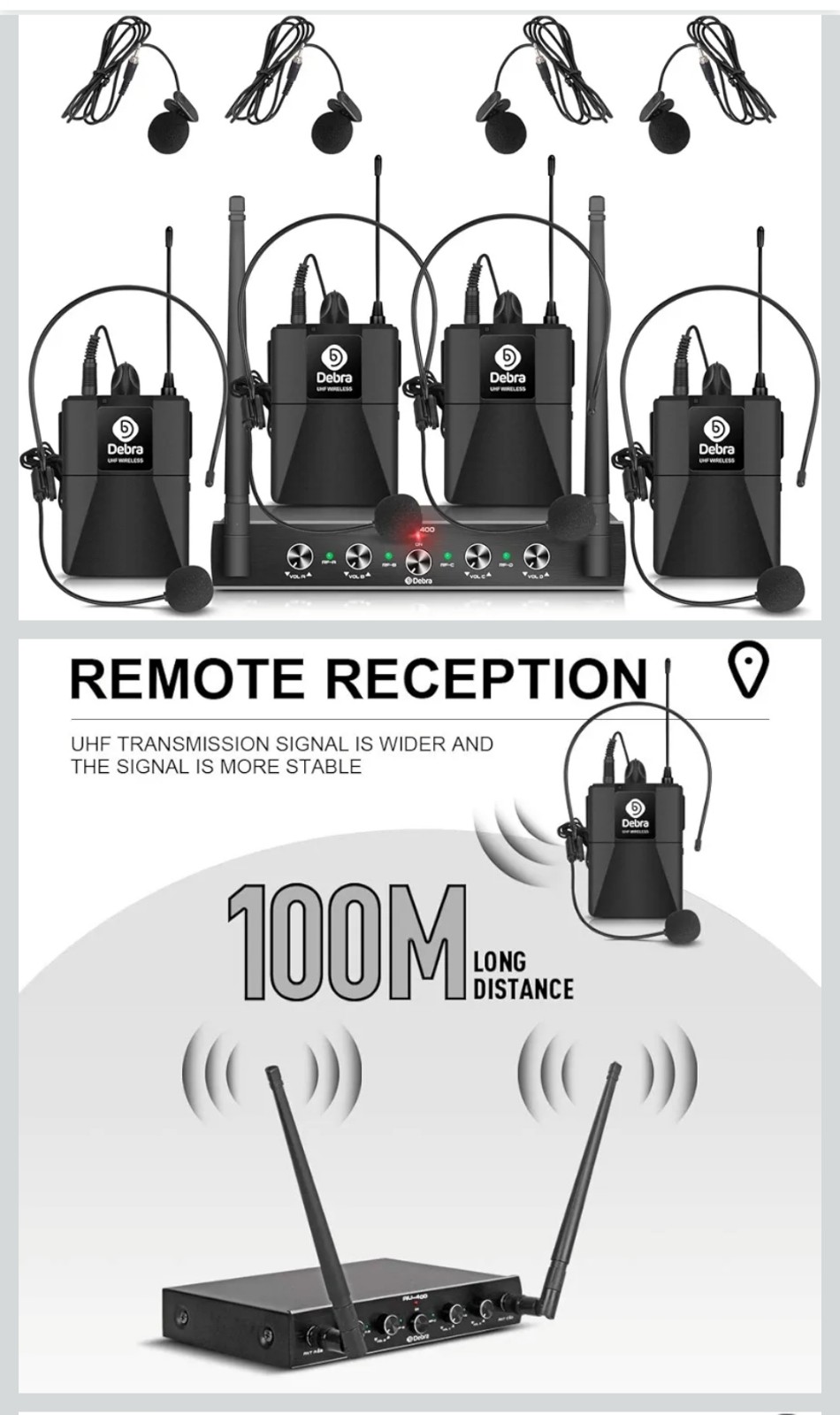 Debra Audio AU400 Pro UHF 4 Channel Wireless Microphone System with Cordless Han