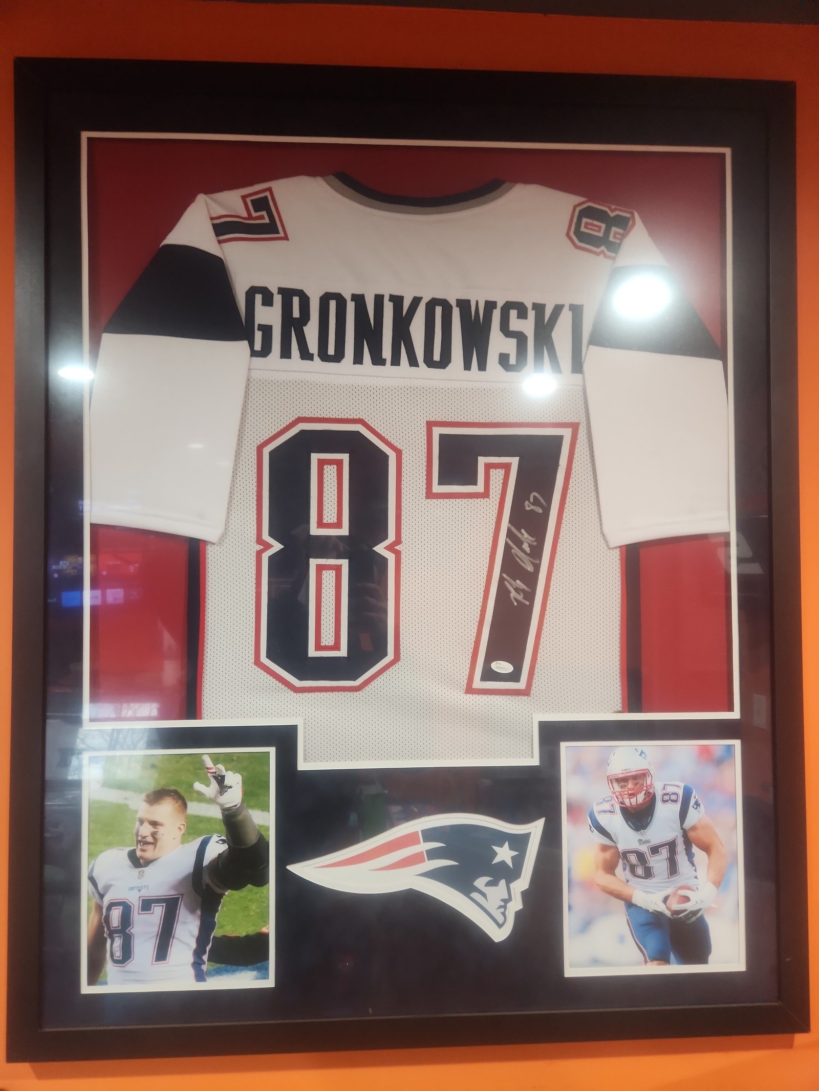 FRAMED Autographed/Signed ROB GRONKOWSKI 33x42 New England Jersey jsa certified