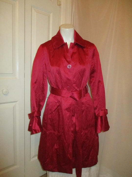 DKNY red satin belted trench coat