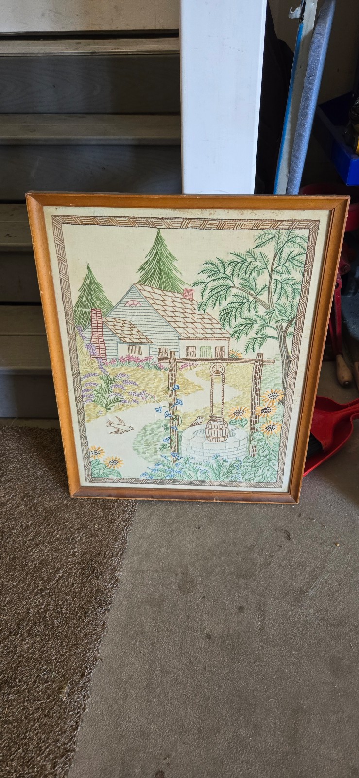 Framed Vintage crewel embroidery House / Cottage, floral border, foliage, needle
