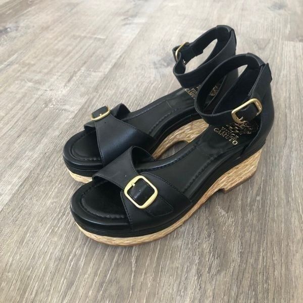 Vince Camuto Meterry Womens Adjustable Wedge Sandals Black Leather Upper Size 7M