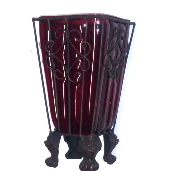 VTG Vase Metal caged/imprisoned Bubbled RED Glass Footed Art glass vase planter