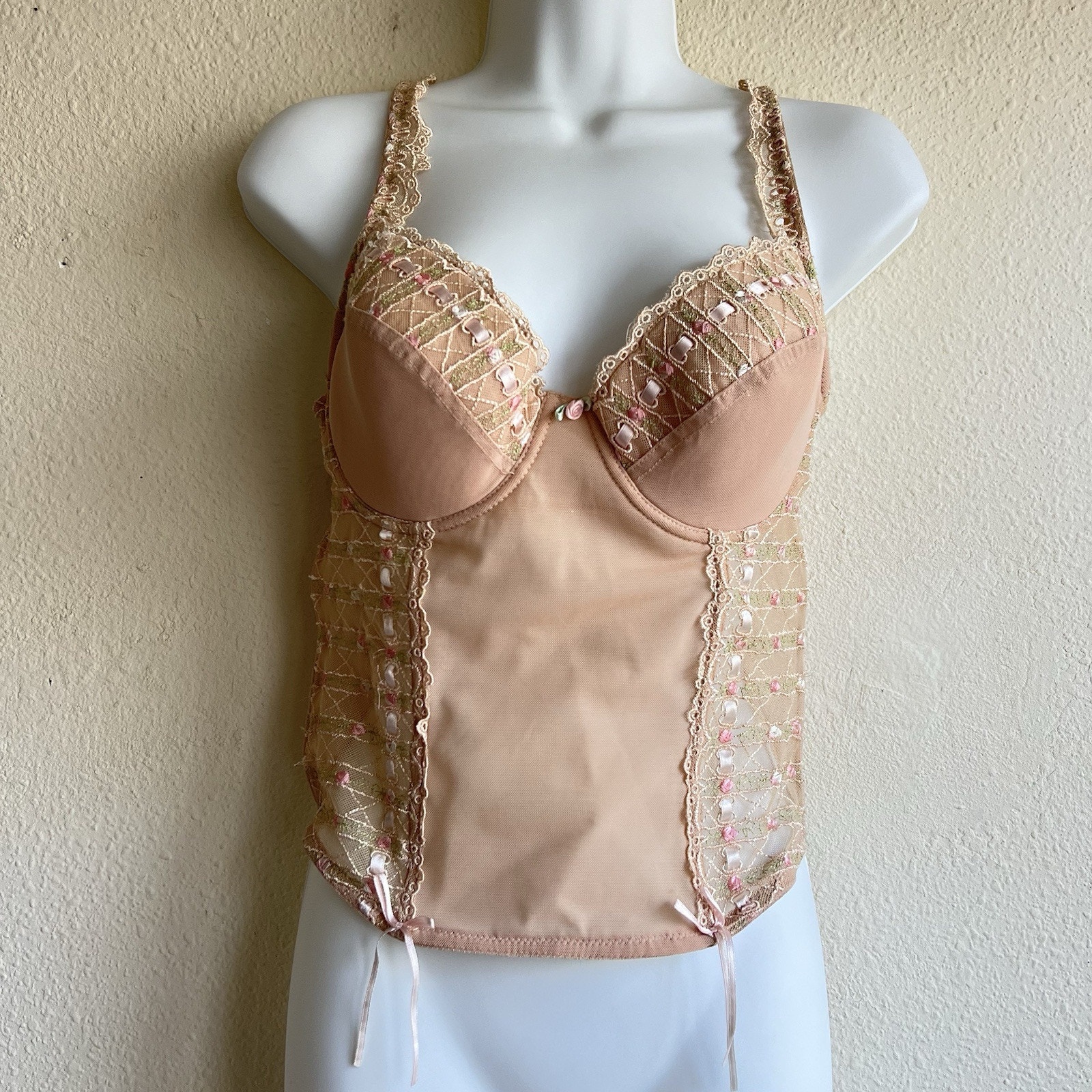 Y2K Rampage Nude Pink Floral Bow Lace Corset Top Mesh 36C