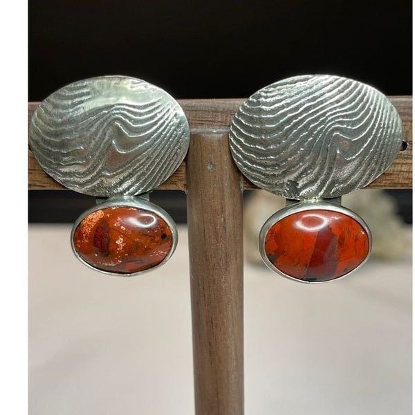 Vintage Sterling Silver Brown Red Jasper Clip on Earrings
