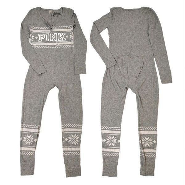 PINK VS 2016 Grey Fair Isle Winter Thermal Long Sleeve One Piece Pajama Medium