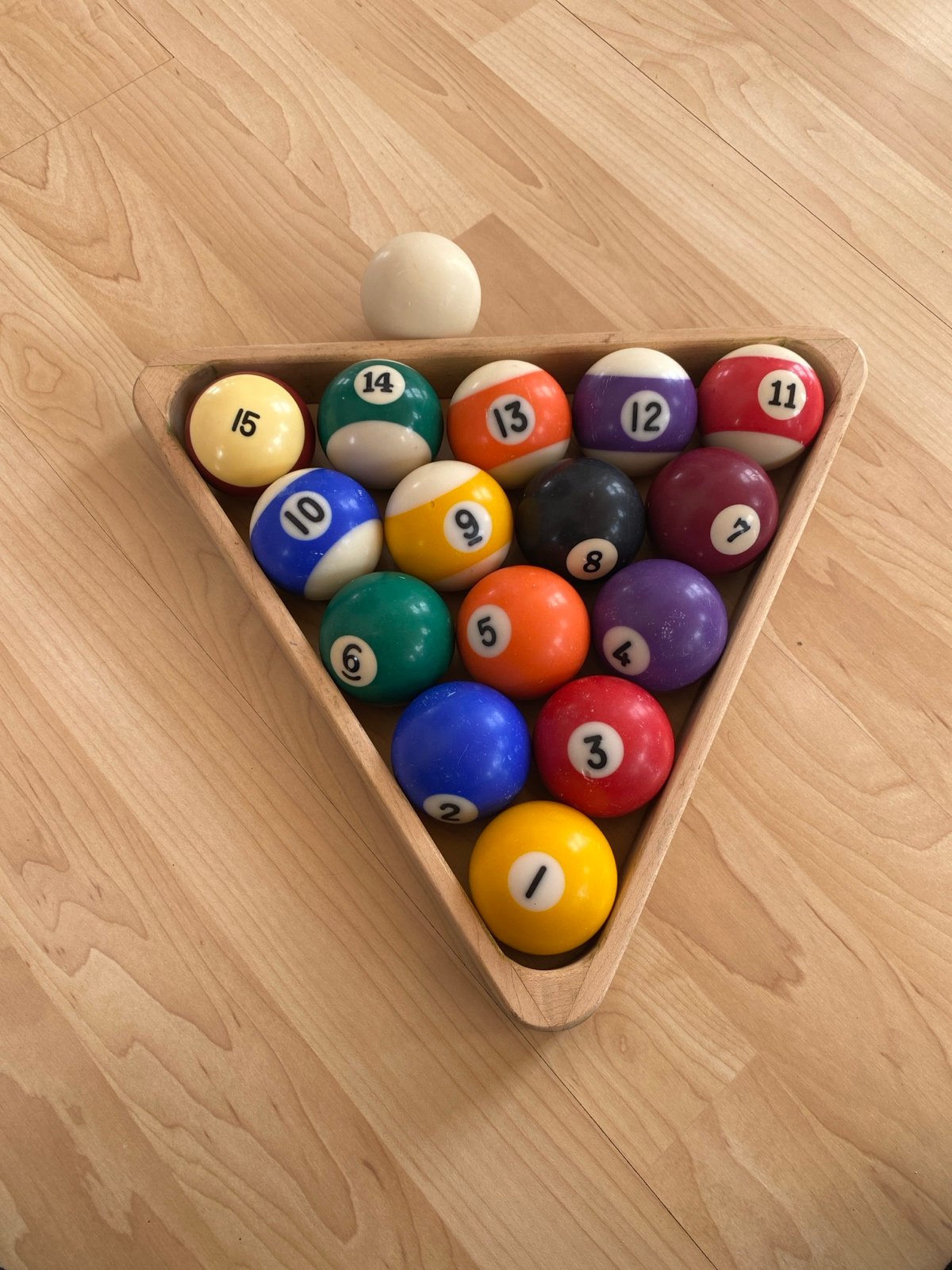 Vintage BILLIARD POOL Balls plus Cue Ball and triangle wood rack set