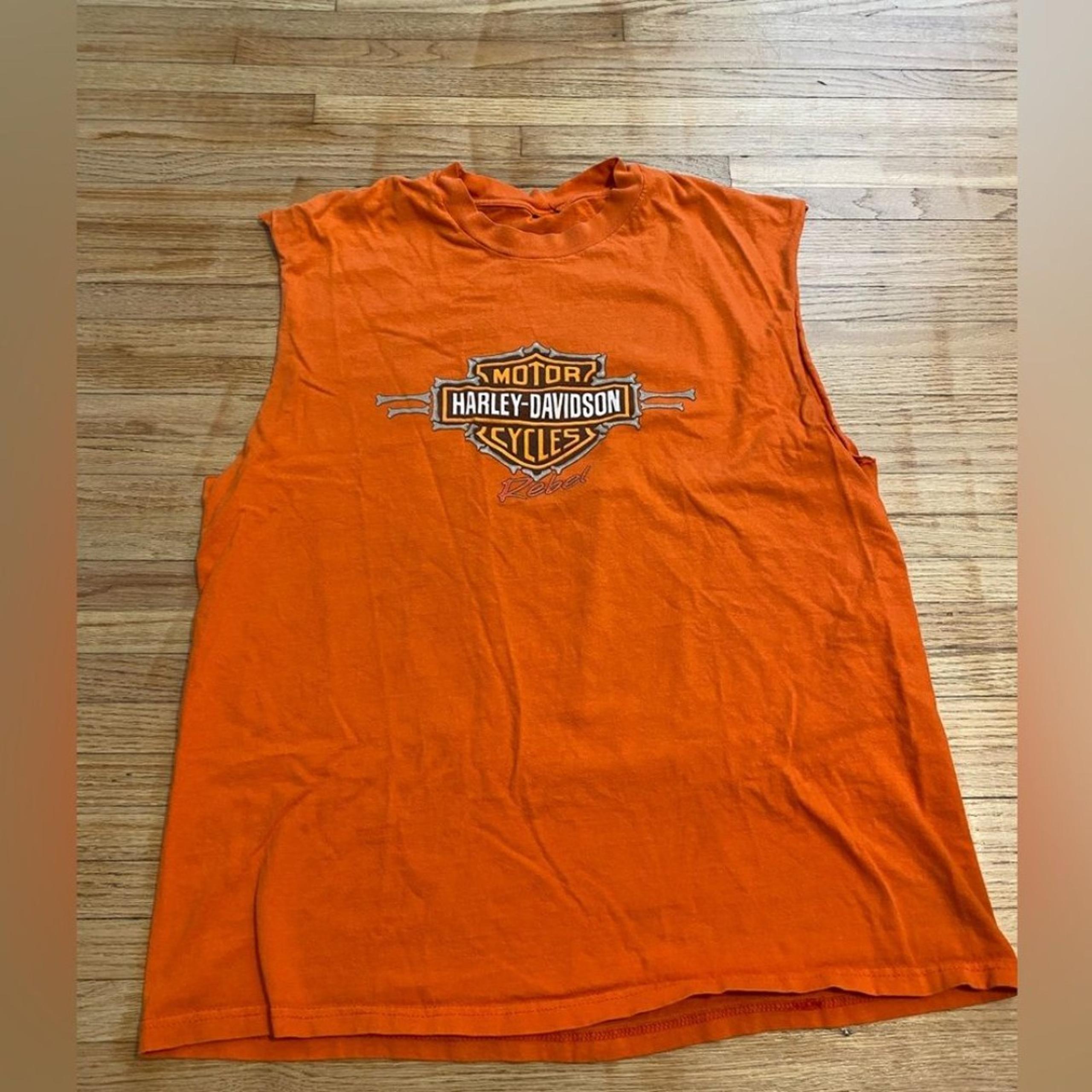 Harley-Davidson 2XL XXL Orange Sleeveless Cut-Off Men's Shirt Charlotte NC