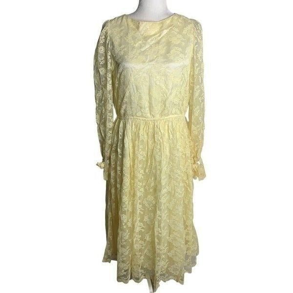 Vintage 70s Romantic Floral Lace Midi Dress M Cream Wedding Sheer Long Sleeves