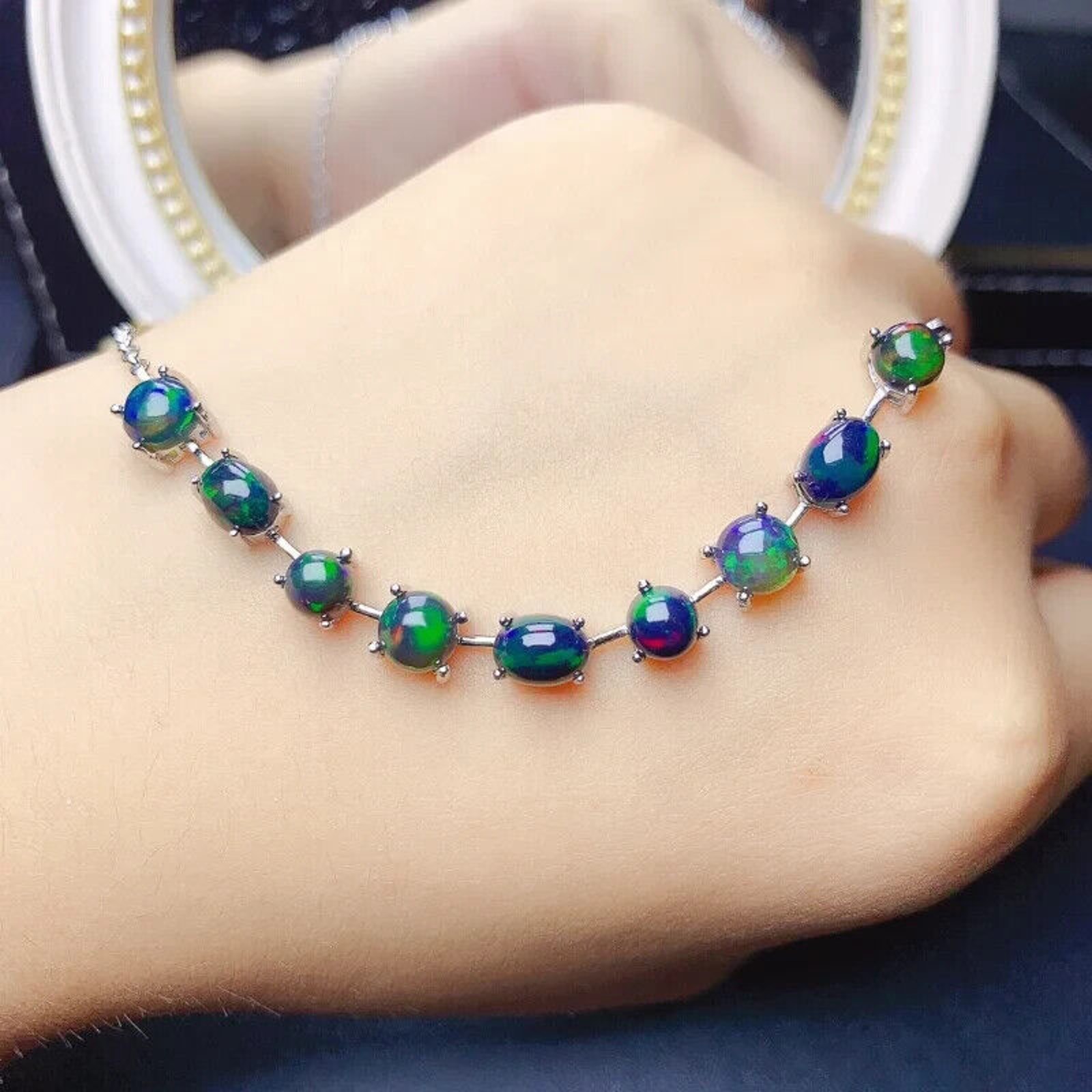 Black Fire Opal Bracelet 925 Sterling Silver, Black Opal Chain Bracelet
