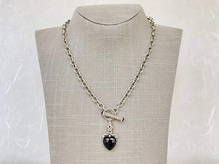 Sterling Silver 16 3/4 Cable Necklace with Black Onyx Heart & Amethyst Dangle