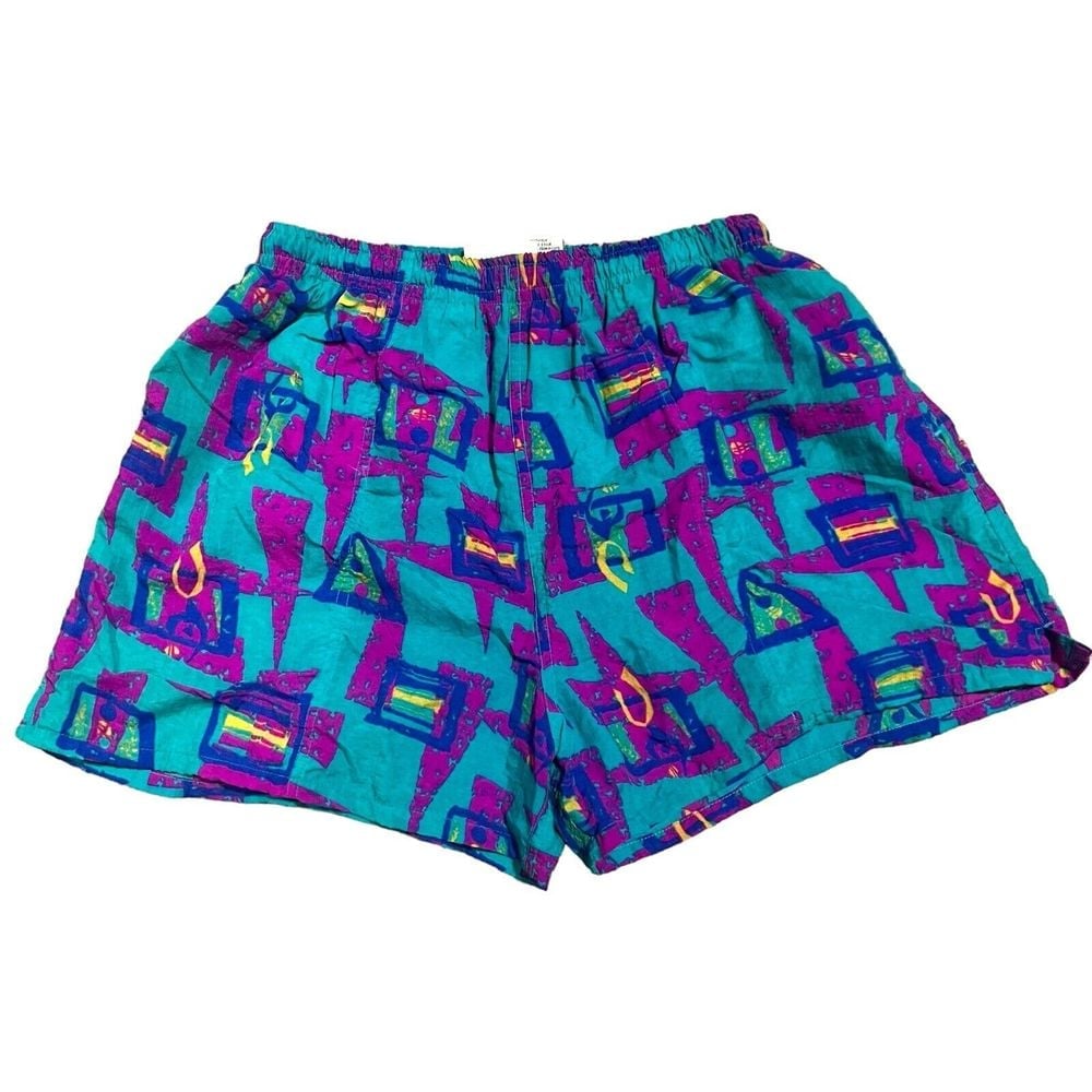 Vintage 90s BLUE Bright Abstract Color Block Swim Trunks Shorts Size Large VTG