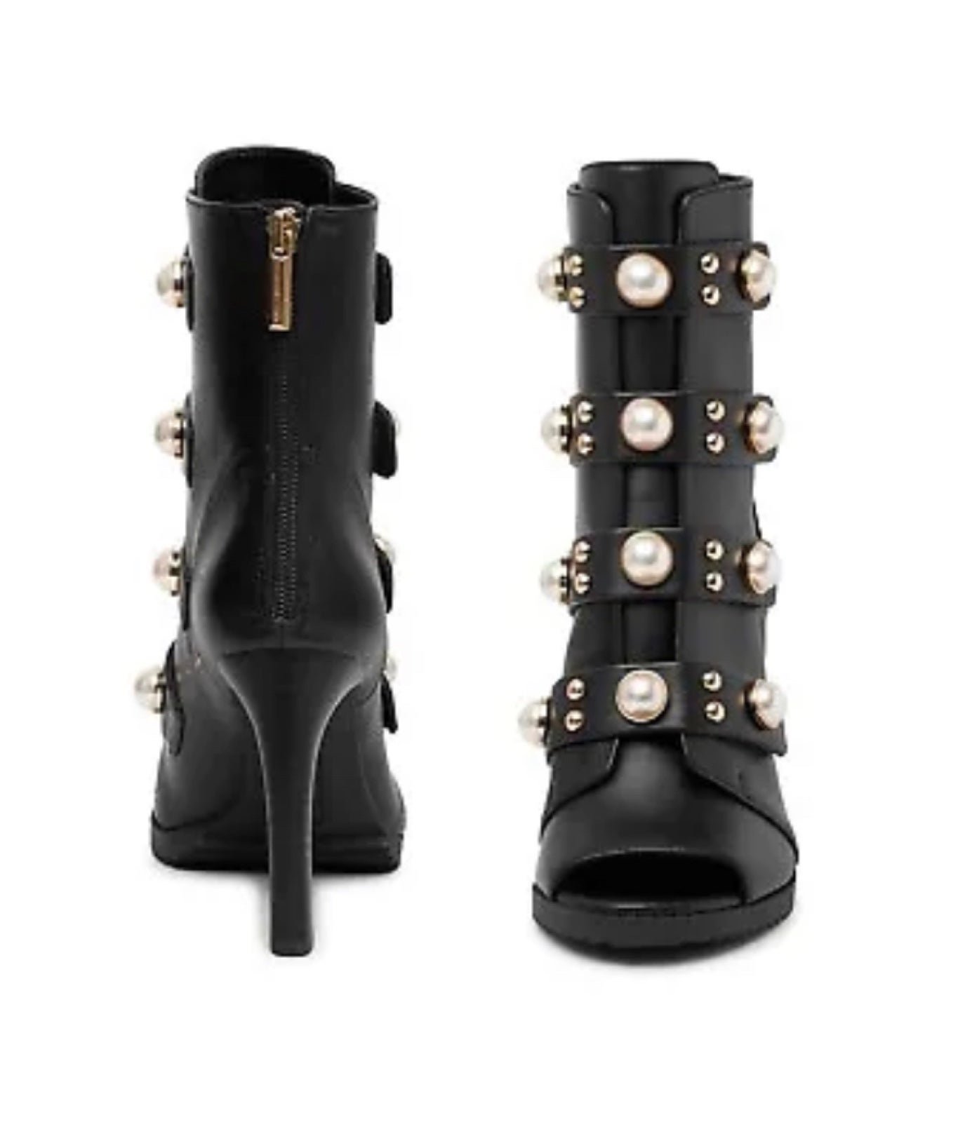 Karl Lagerfeld Brittie Embellished Pearls Peep Toe Black Booties NWT