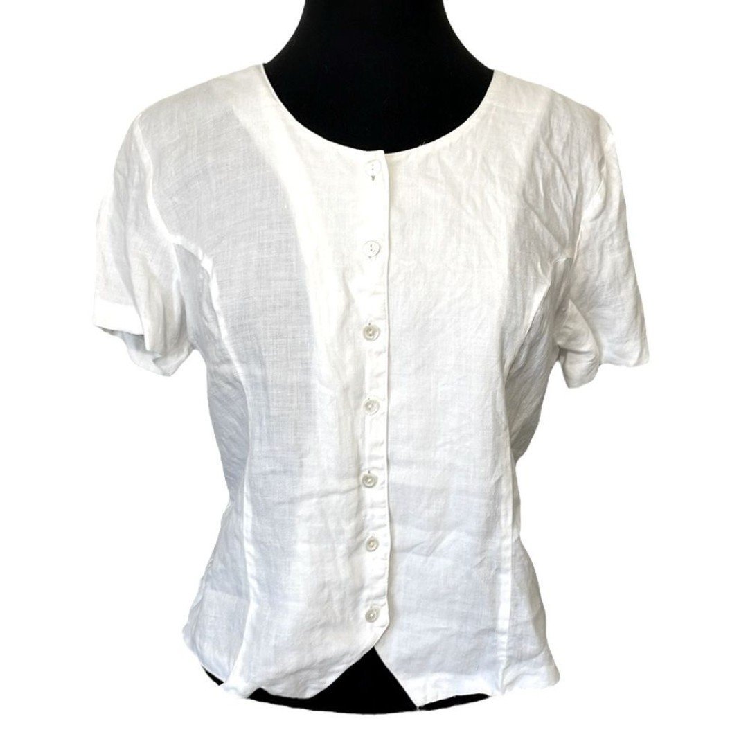 Talbots Size 12 Petite 100% Irish Linen white button front short sleeve blouse.