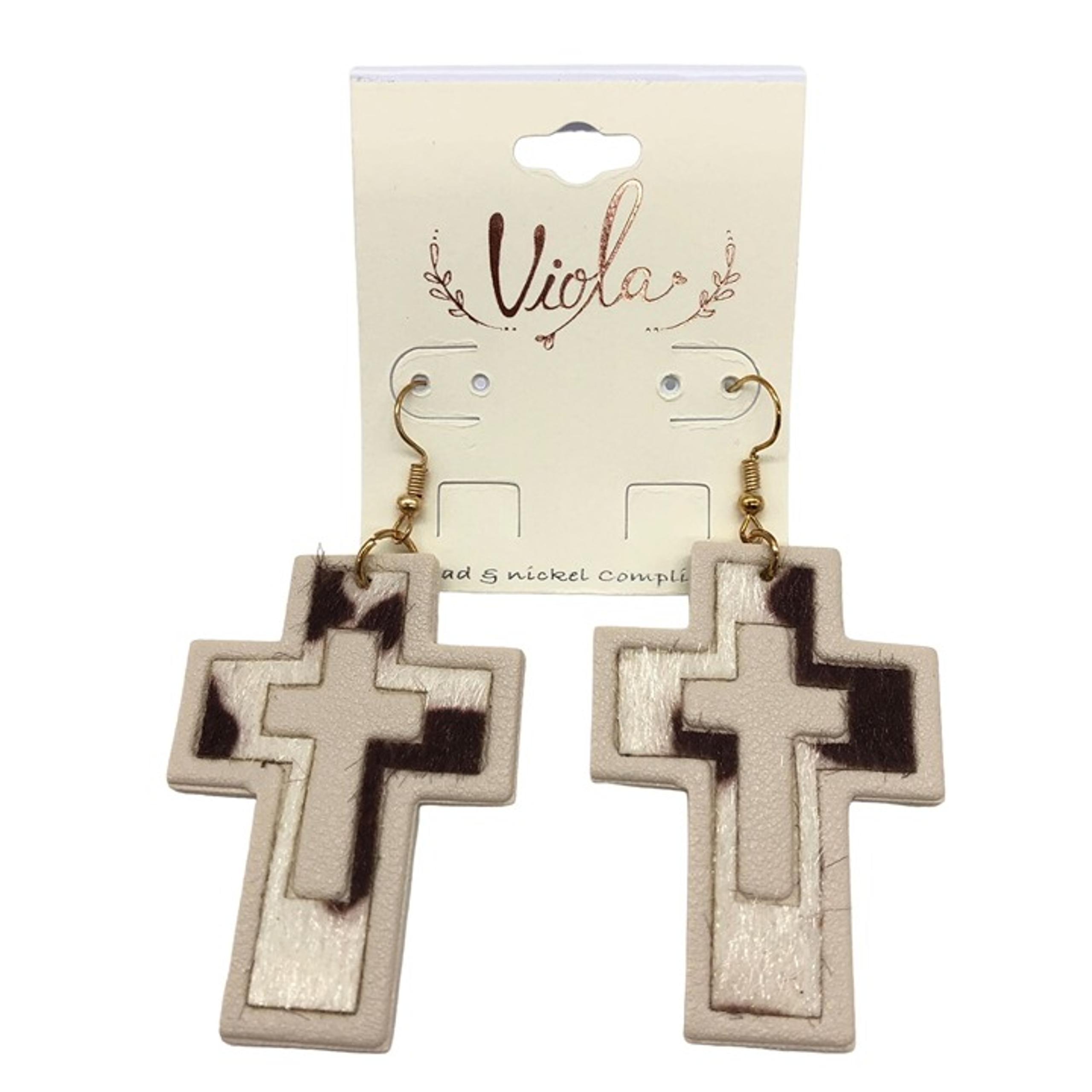 Viola Arabelle Cow & Ivory Faux Leather Cross Earrings