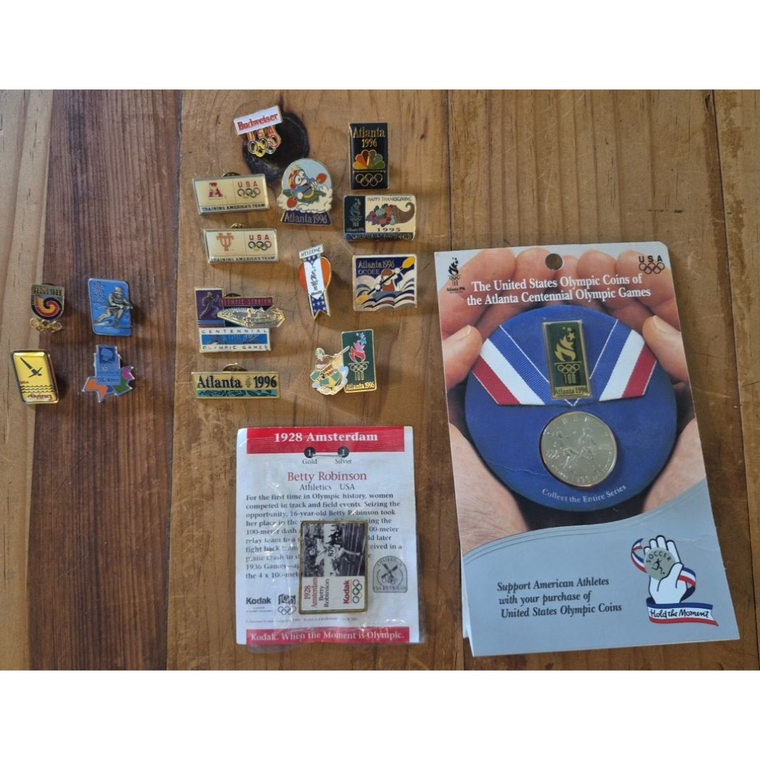 Lot of 17 1996 Olympic Pins and Commerative Coin