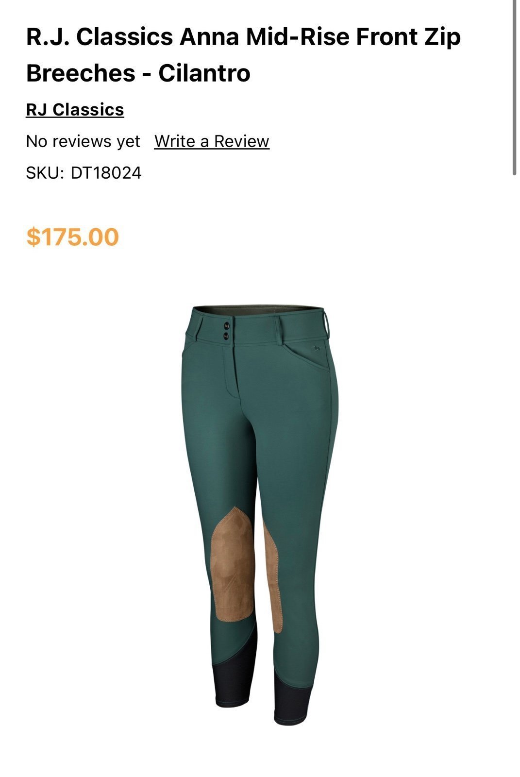 RJ Classics Anna Mid Rise Zip riding breeches in Cilantro