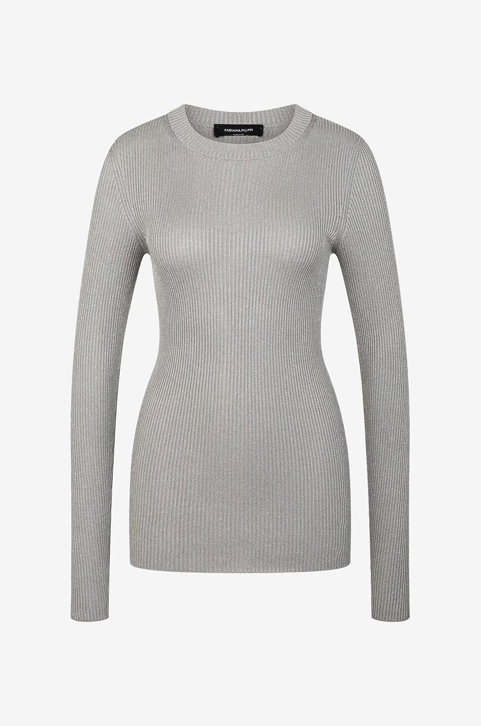 Fabiana Filippi Ribbed Long Sleeve Crewneck Cotton Jersey Top in Metallic Grey 2