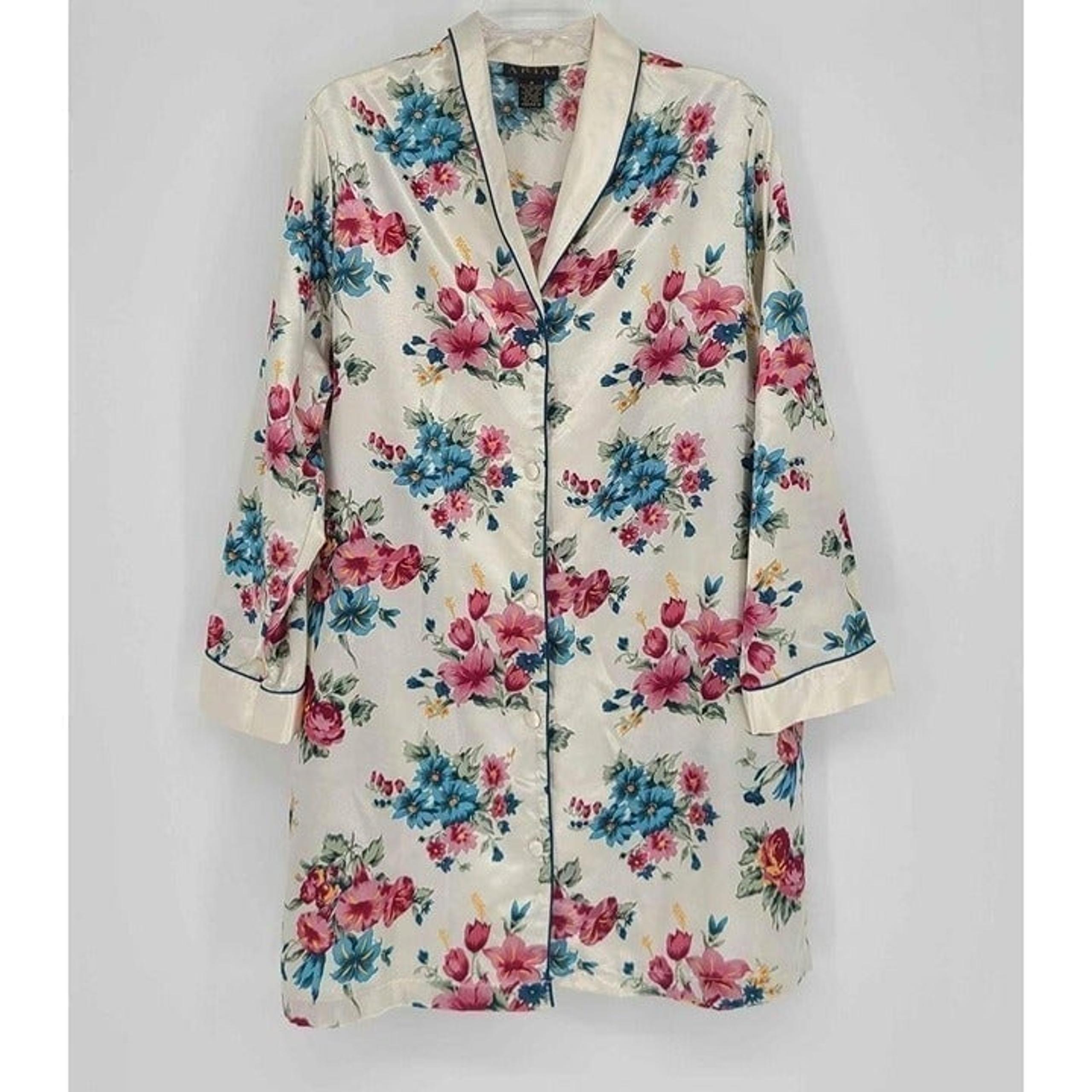 Aria Koman Womens Button Front Long Sleeve Satiny Feel Floral Sleep Shirt Sz Med