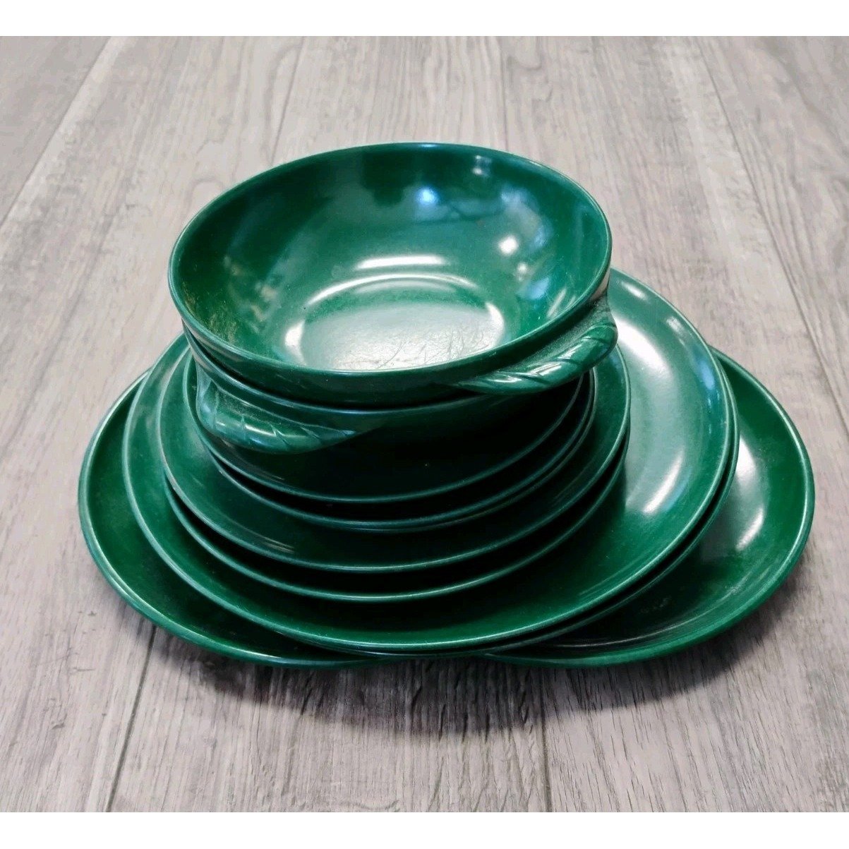 VTG Melmac Color-Flyte Branchell Lot Of 10 Green Plate Bowl Dish MCM 50s 60s