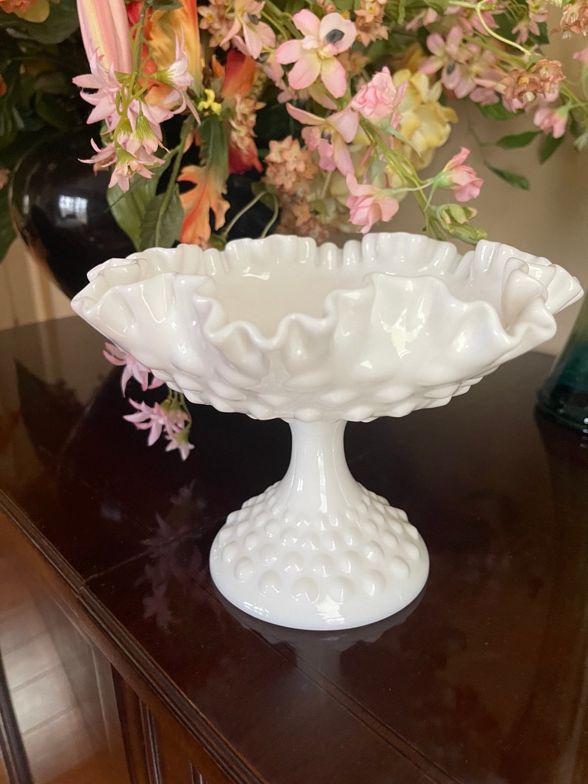 Vintage Fenton Pedestal Candy Dish Compote White Hobnail Milk Glass Ruffled Edge