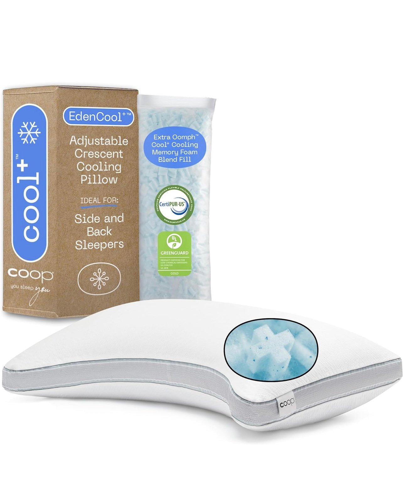 Coop Home Goods Cool+ Crescent Adjustable Pillow, Queen Size Plus Shaped Memory