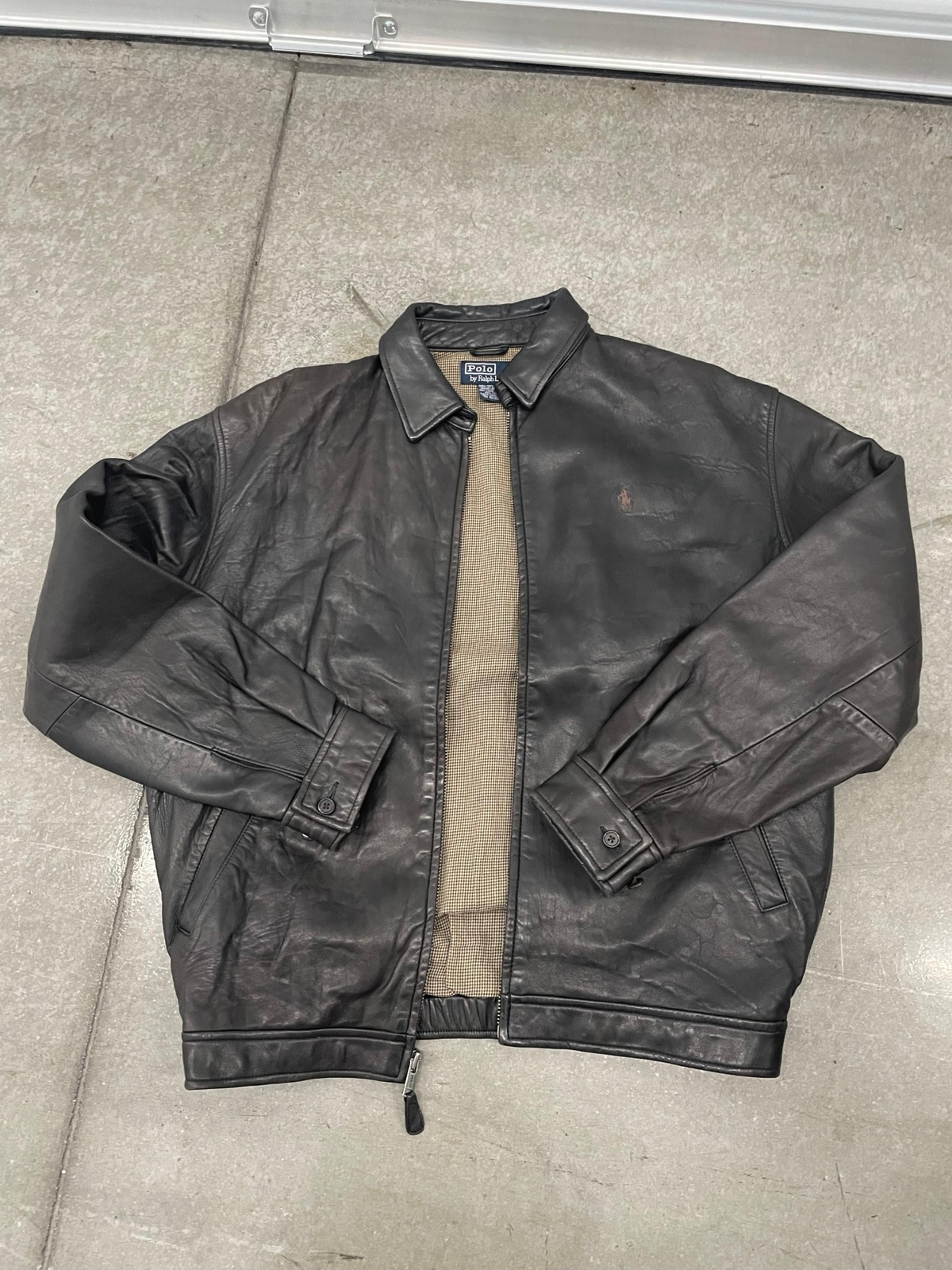 Vintage Polo Ralph Lauren Brown  Leather Bomber Jacket Men's Medium Plaid Lining