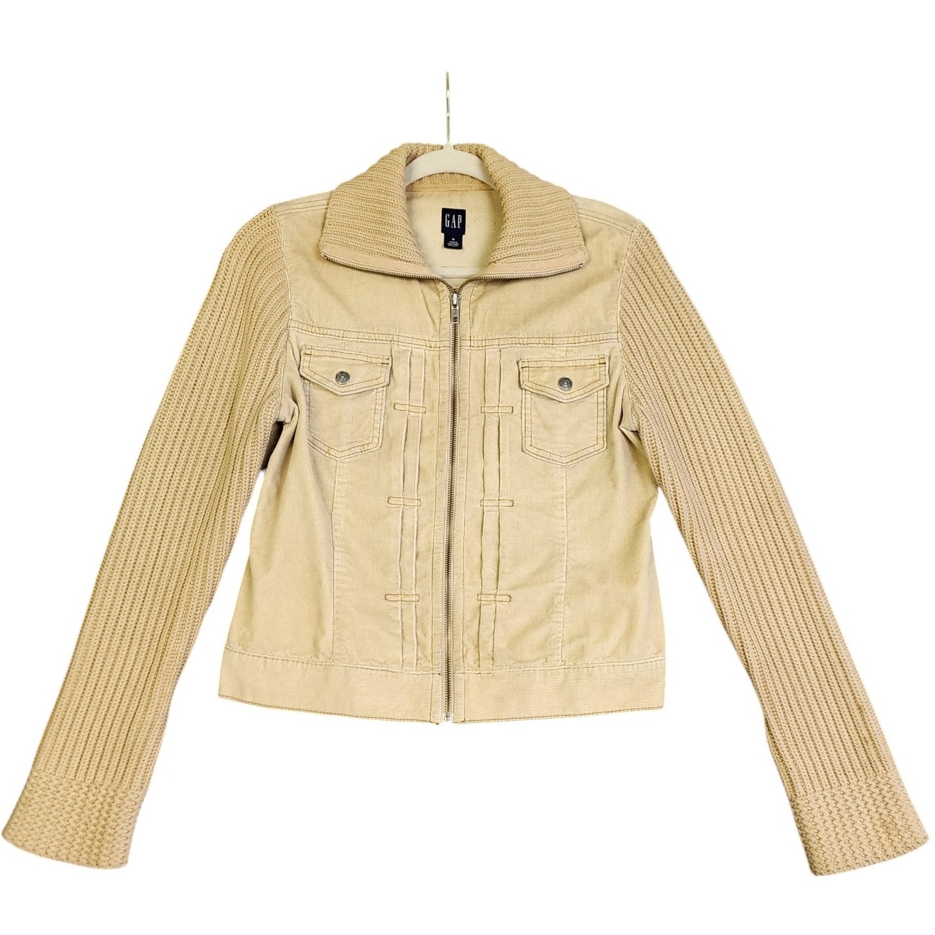 Gap Womens Vintage Y2K 00s Corduroy Jacket Size Medium Tan Knit Sleeves Trucker