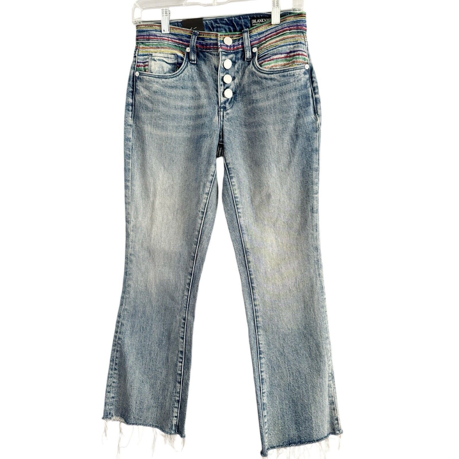 NWT BLANK NYC The Varick Kick Flare Rainbow Embroidered Button Fly Jeans Size 25