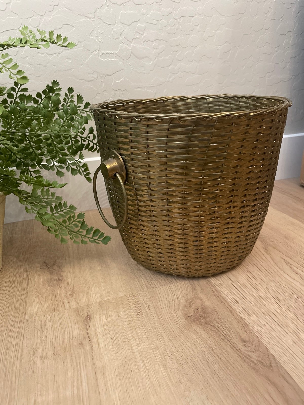 Vintage Woven Brass Basket with Side Handles