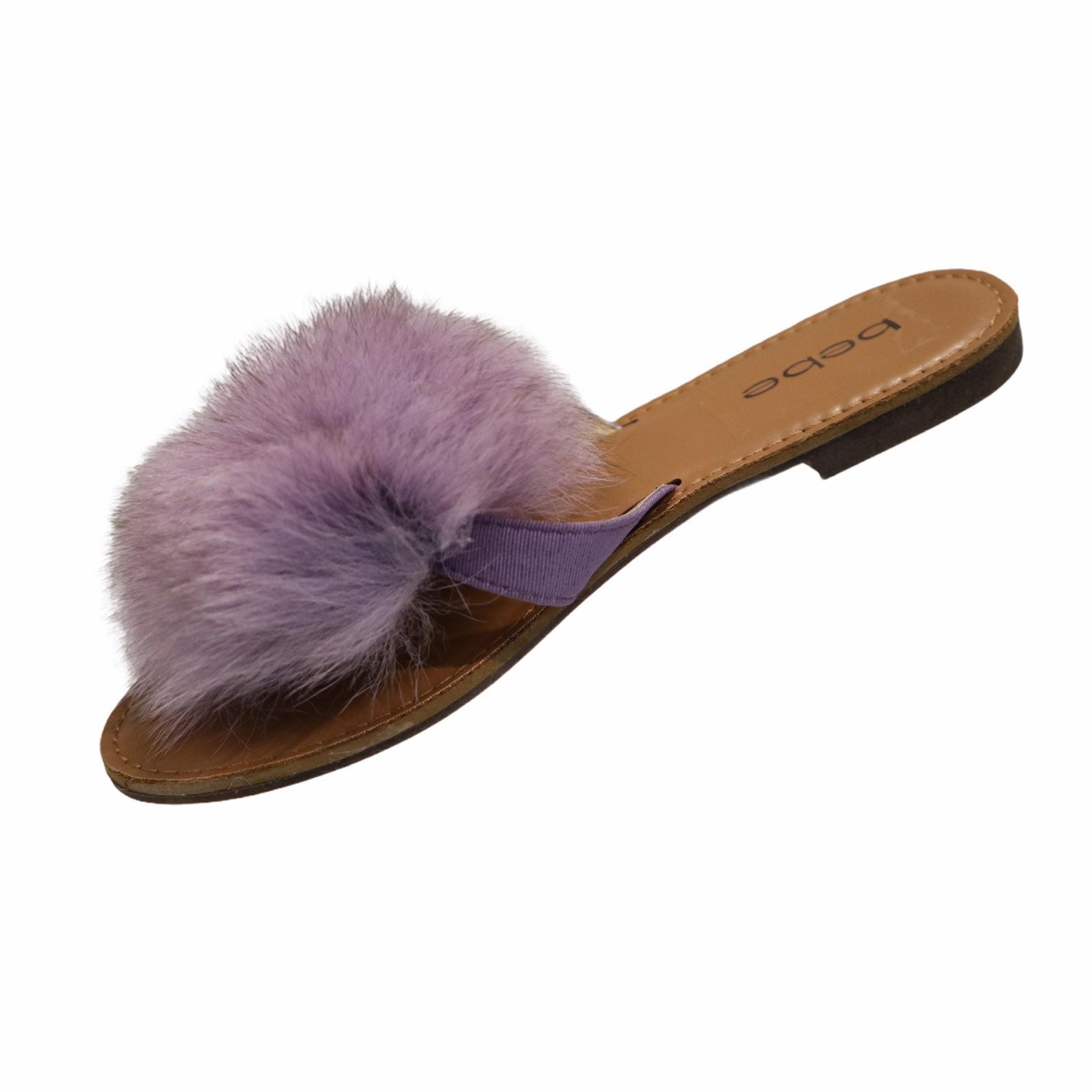 Bebe Flip Flop Purple Fur Pom Pom Sandals Size 6.5