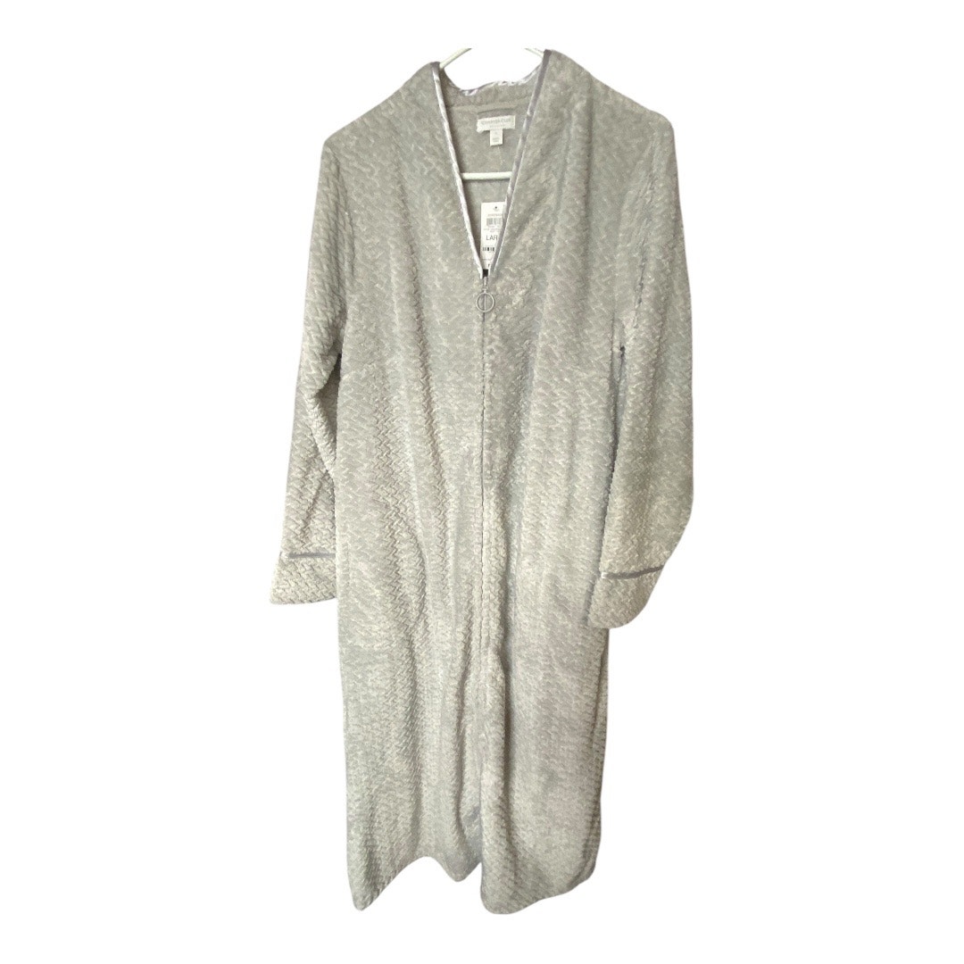 Charter Club Women's L Zip Front Robe Pajama Light Gray Fuzzy Soft Winter New
