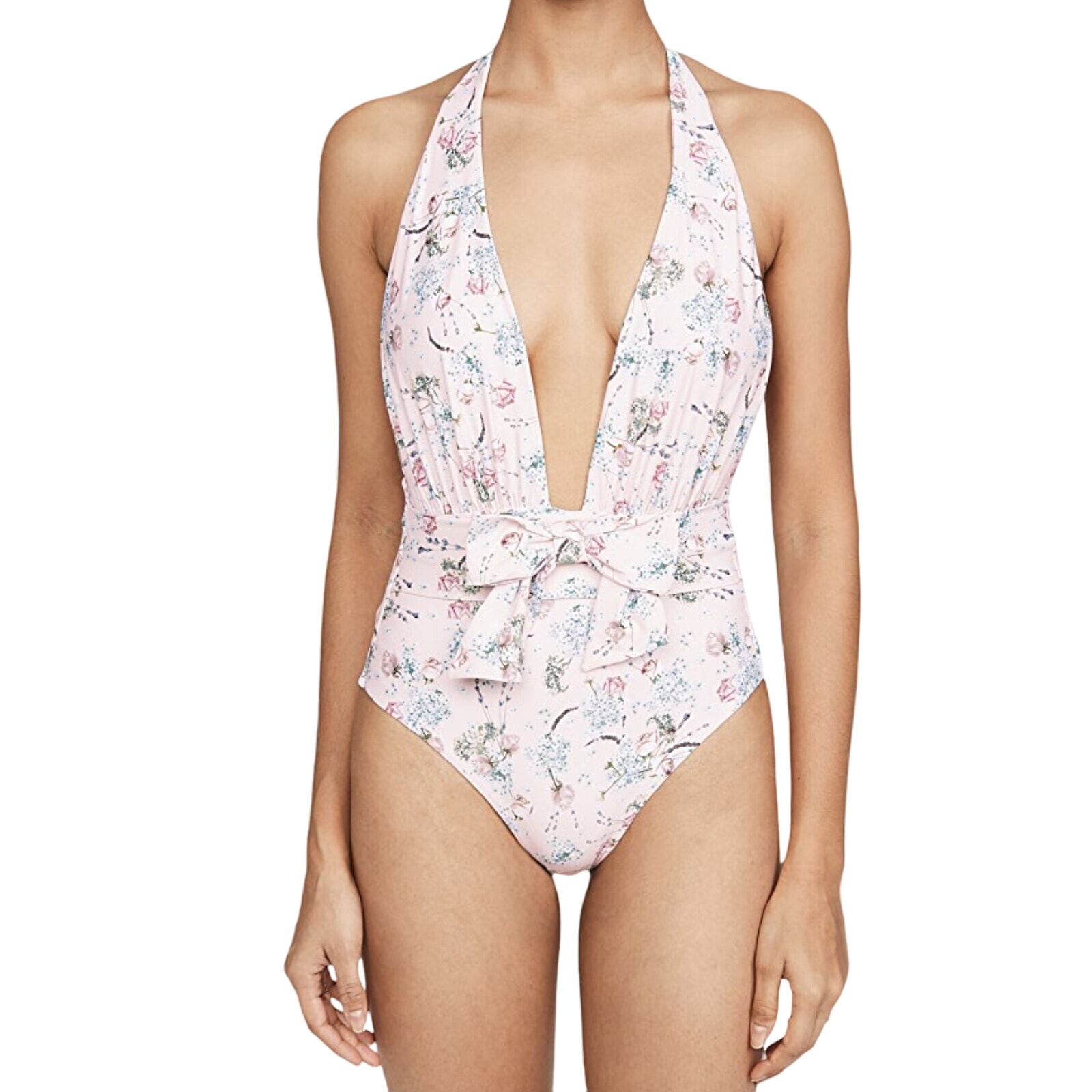 WEWOREWHAT Floral One Piece Brooklyn Halter Tie Belt Swimsuit Pink Blue XL NWT