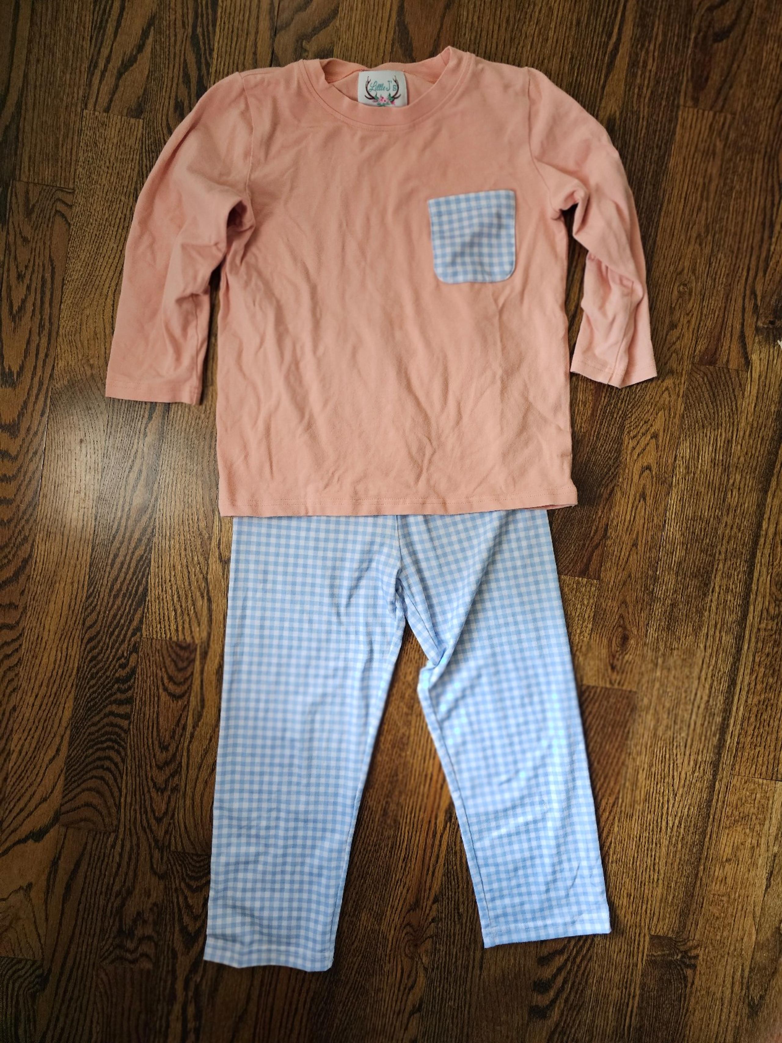 Little J's Smocks Boy Peach Long Sleeve Shirt Blue Gingham Pant Set, Size 5/6